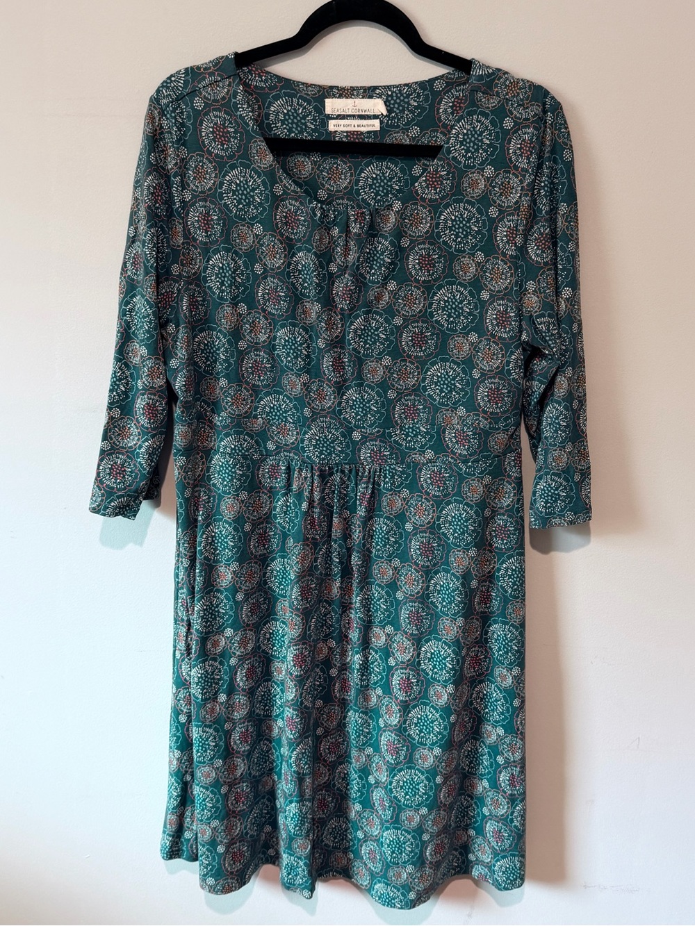 Seasalt Cornwall Women’s Teal Printed Casual Bamboo Blend Dress Size 18